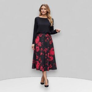 Dressbarn DB Floral A-Line Skirt Women’s Small Black Red Rose Textured Knit